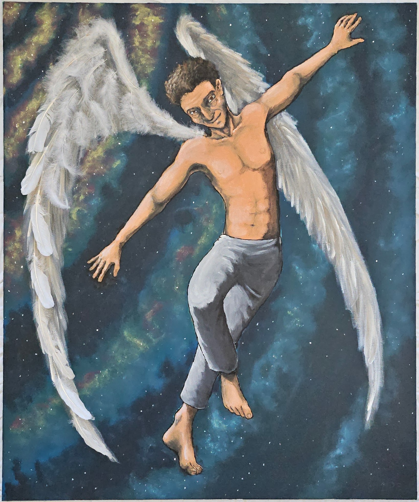 Semjaza in flight, wings spread against a starfield