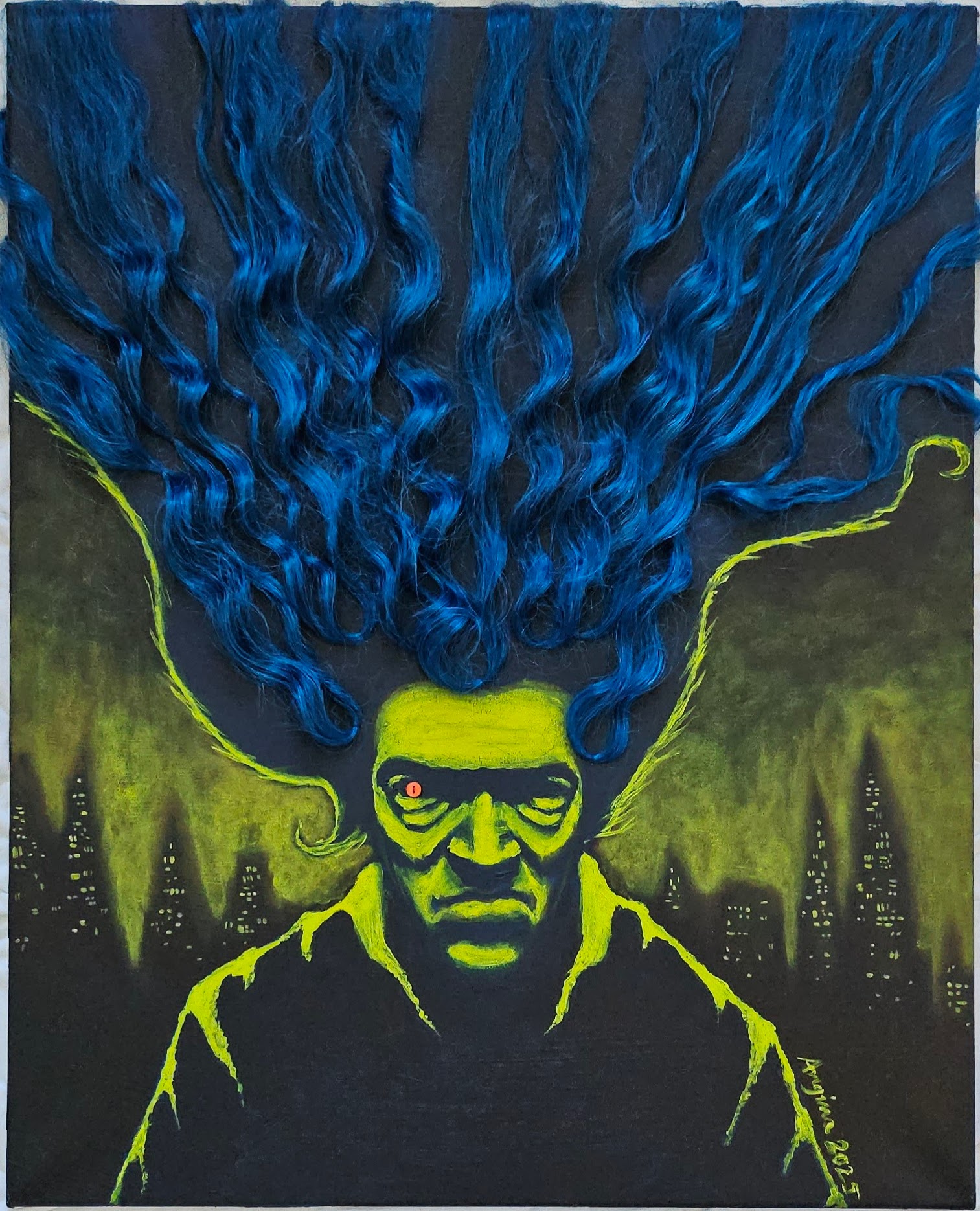 Semjaza with blue hair against a neon cityscape