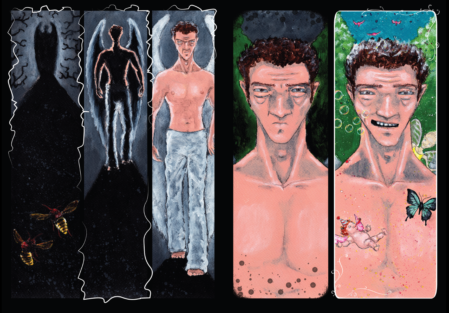 Five panels of Semjaza, from dark silhouette to colorful close-up
